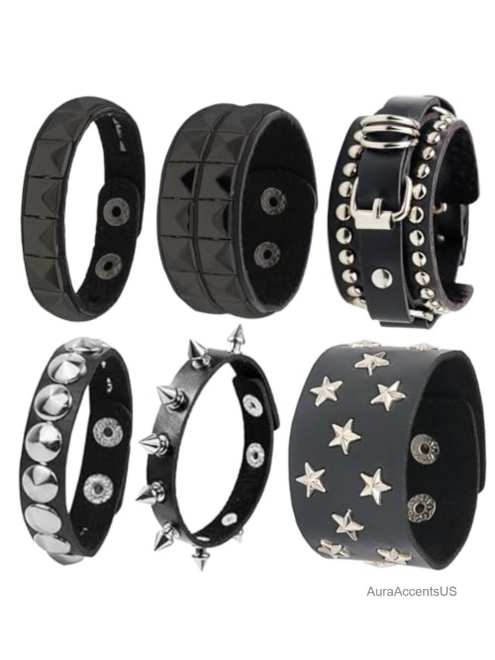 6 PCS Adjustable Punk Leather Cuff Bracelets Gothic Wristbands Set